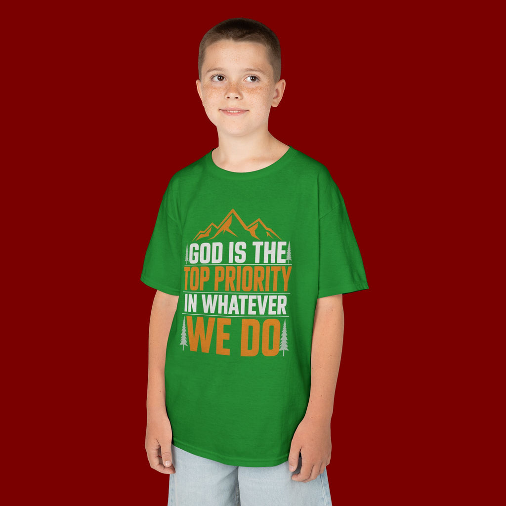 Kids Tee - "God Is the Top Priority in Whatever We Do" Faith Mountain Graphic