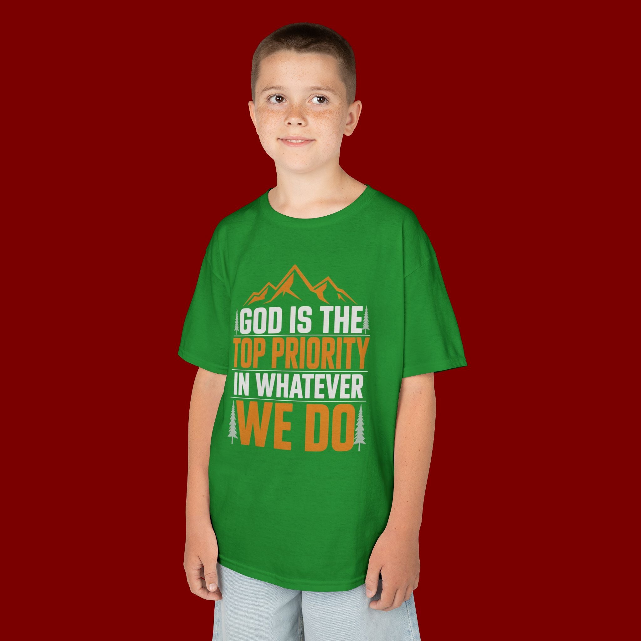 Kids Tee - "God Is the Top Priority in Whatever We Do" Faith Mountain Graphic