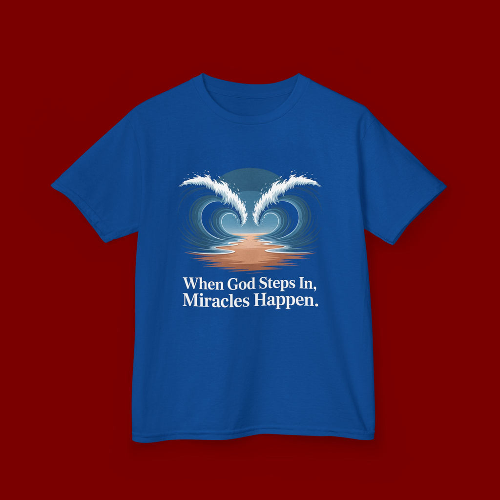 Kids Tee — “When God Steps In, Miracles Happen” Wave Heart Faith Shirt