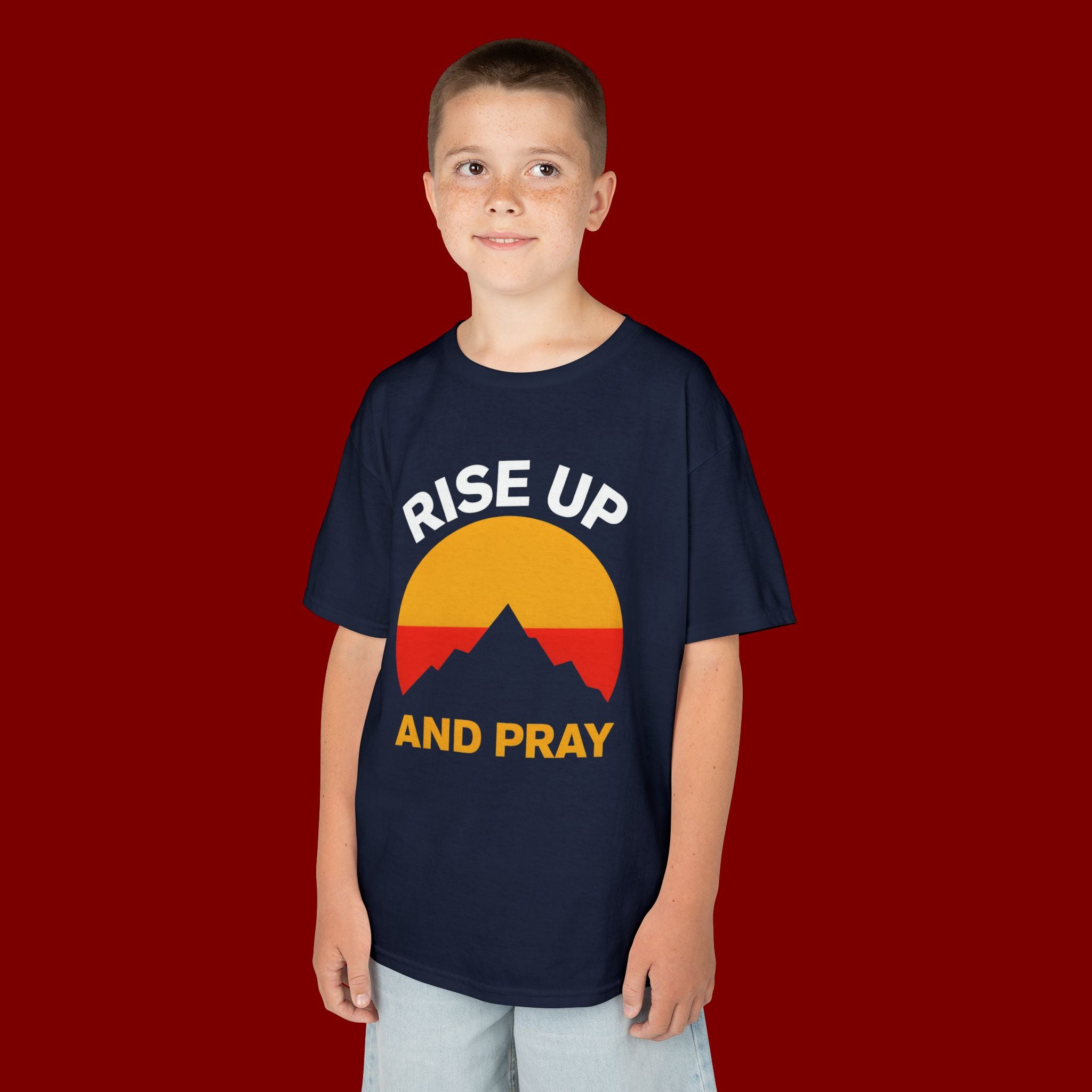 Kids Tee — "Rise Up and Pray" Mountain Sunrise Faith T‑Shirt