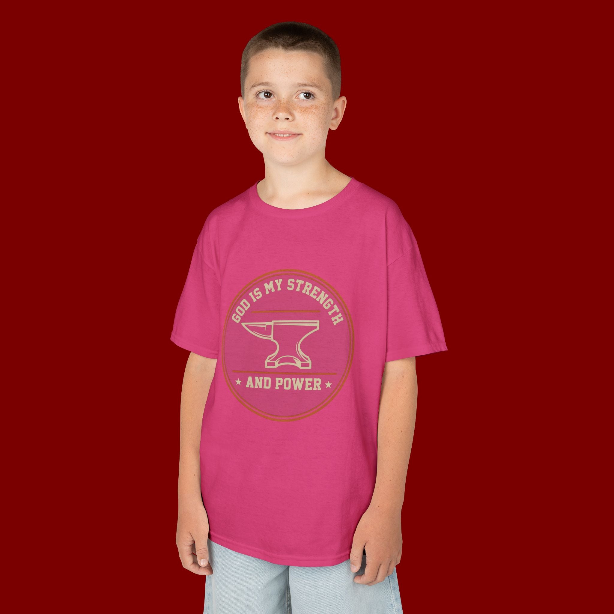Kids Tee — "God Is My Strength and Power" Anvil & Anvil-Forge Christian Youth Shirt