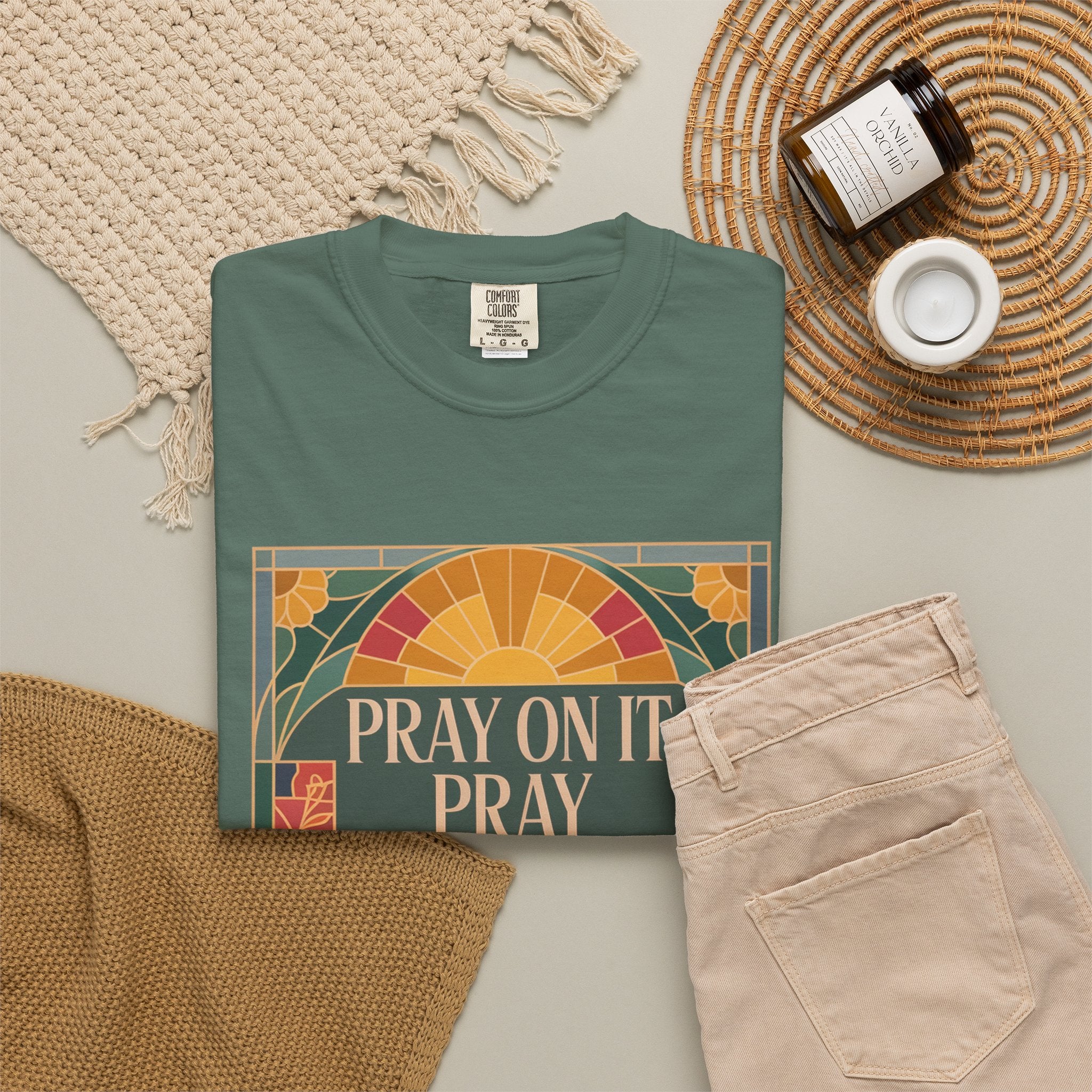 T-Shirt — Retro Sunset Floral Graphic “Play On It, Pray Over It, Pray Through It”