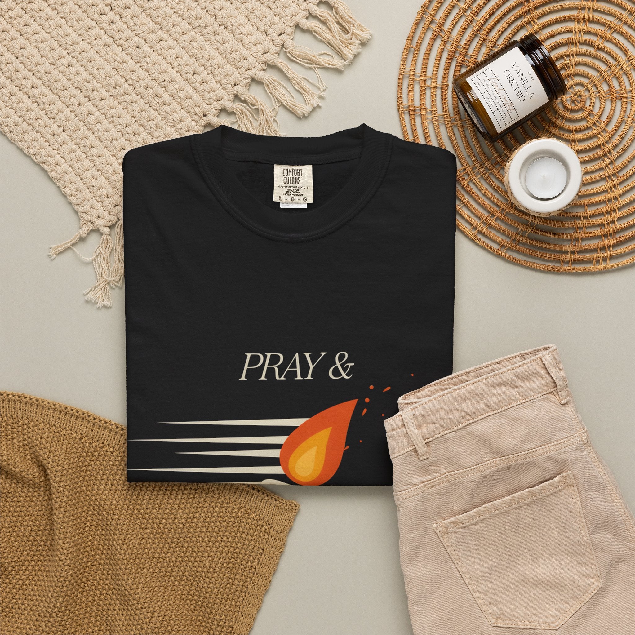Pray & Never Give Up T‑Shirt — Inspirational Candle Faith Tee