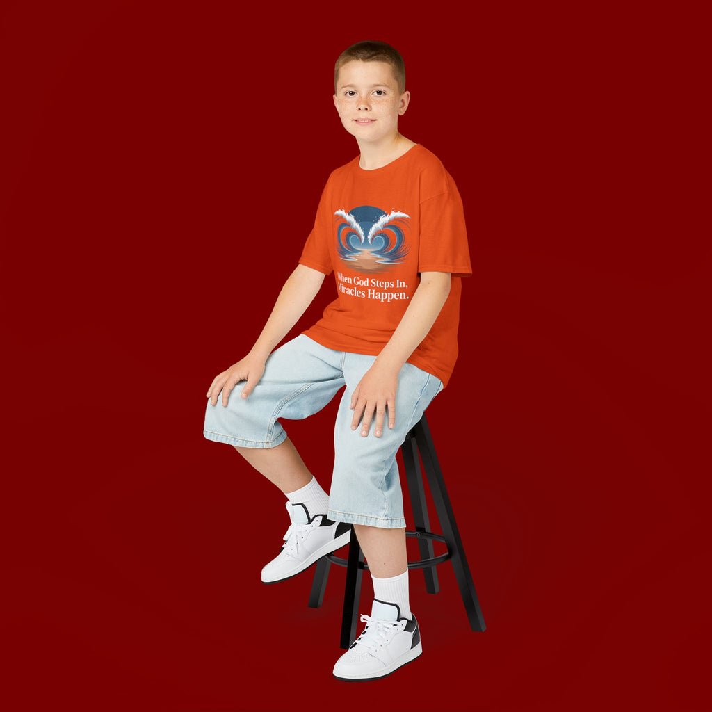 Kids Tee — “When God Steps In, Miracles Happen” Wave Heart Faith Shirt