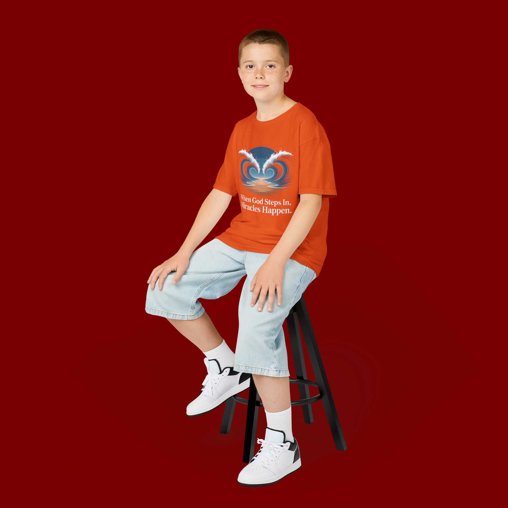 Kids Tee — “When God Steps In, Miracles Happen” Wave Heart Faith Shirt