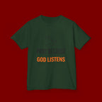 Kids T-Shirt — "Pray Because God Listens" Christian Faith Tee with Dove Graphic