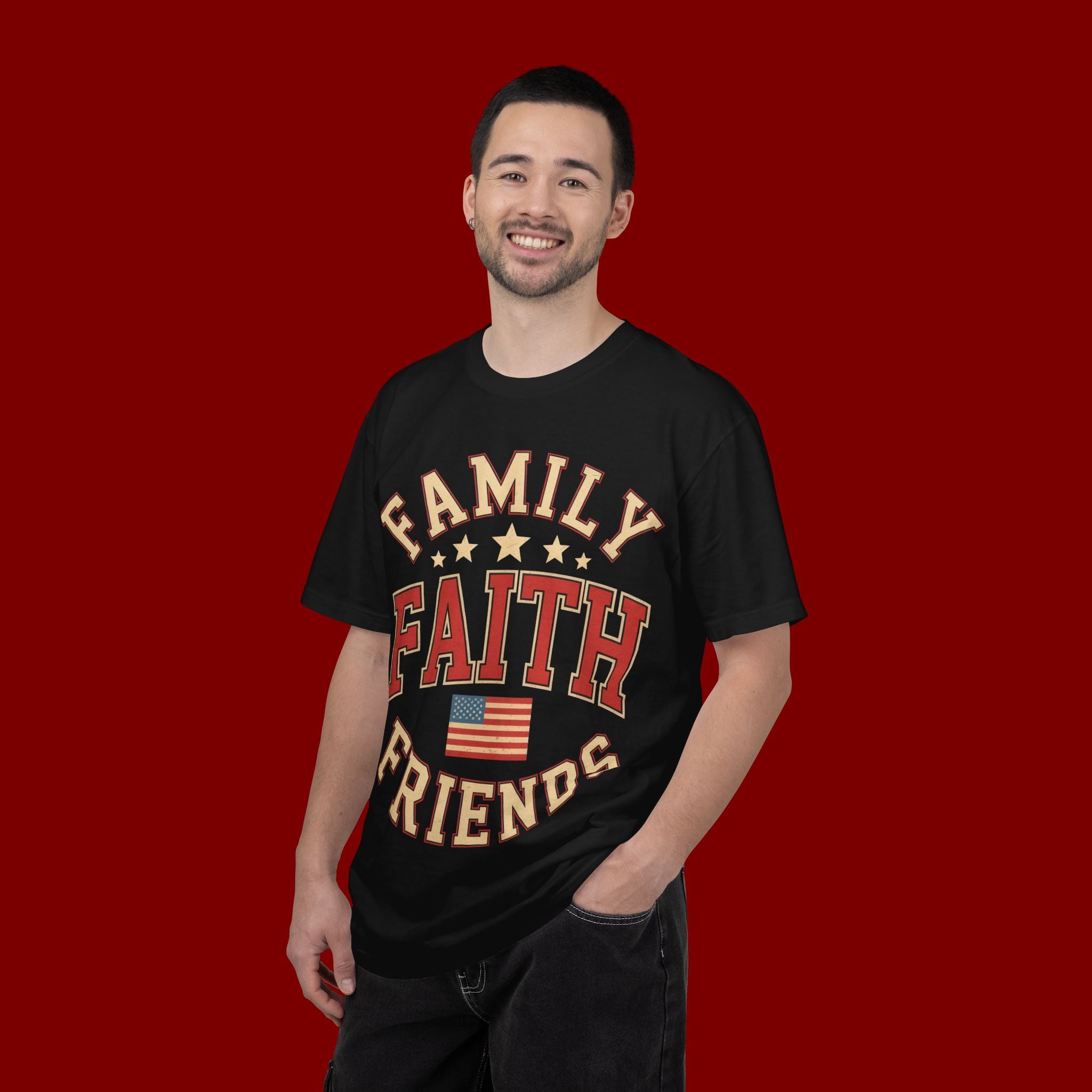 Family Faith Friends T-Shirt — Patriotic American Flag Tee