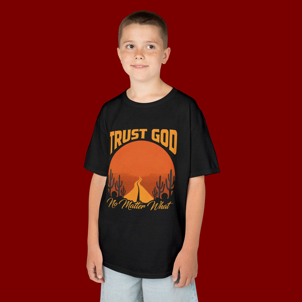 Kids Tee — "Trust God No Matter What" Sunset Camping Graphic