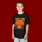 Kids Tee — "Trust God No Matter What" Sunset Camping Graphic