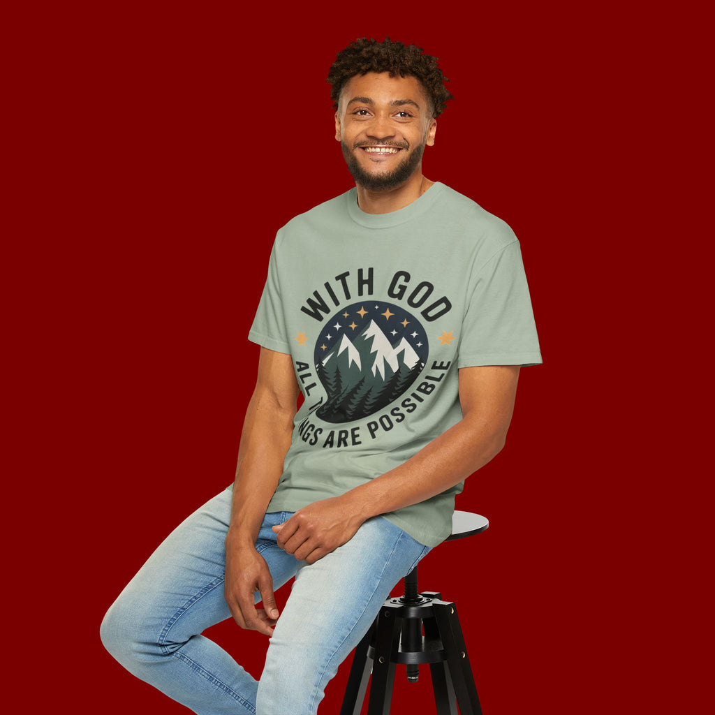 Faith-Based Mountain T-Shirt — "With God All Things Are Possible"