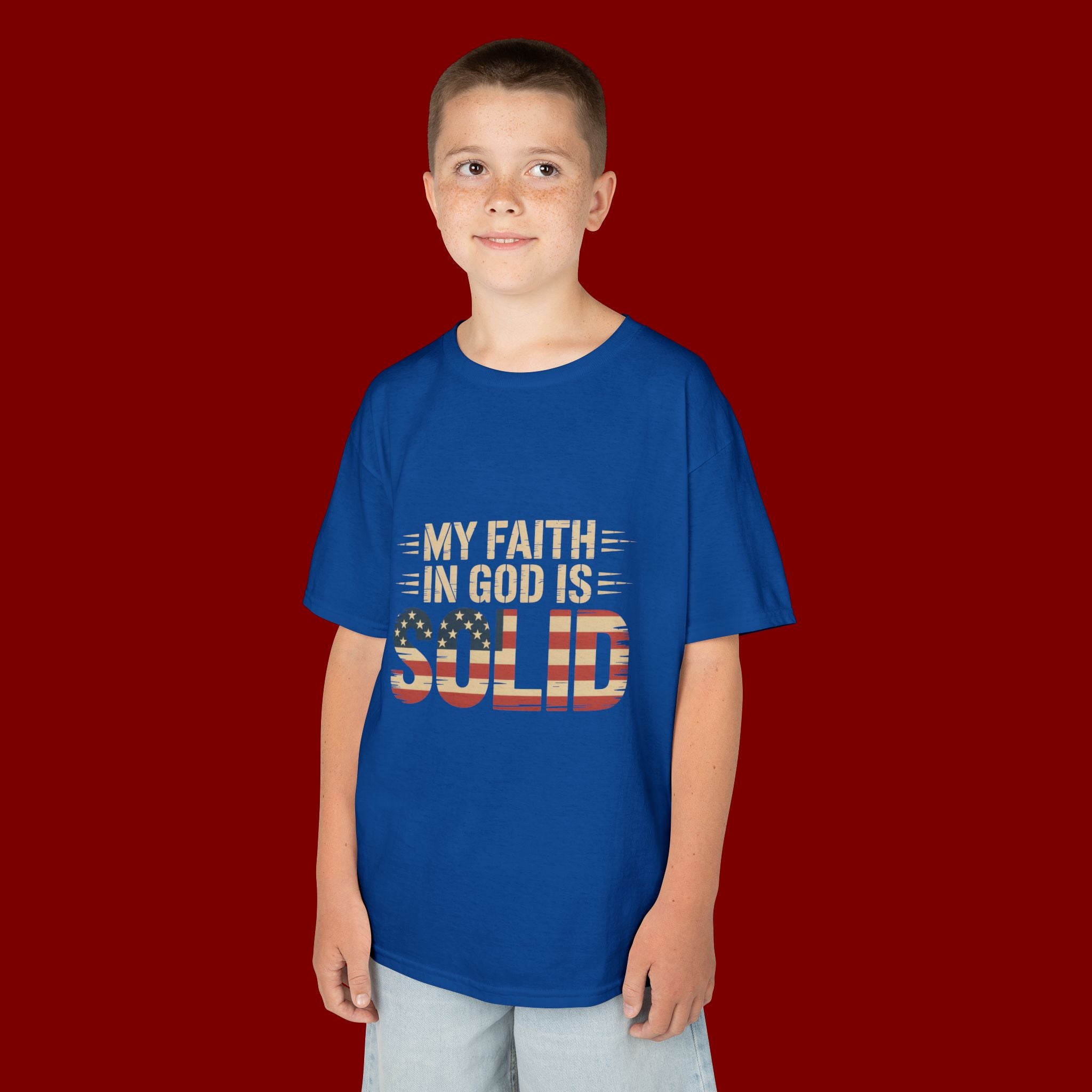 Kids Tee — "My Faith in God is Solid" Patriotic Christian T-Shirt