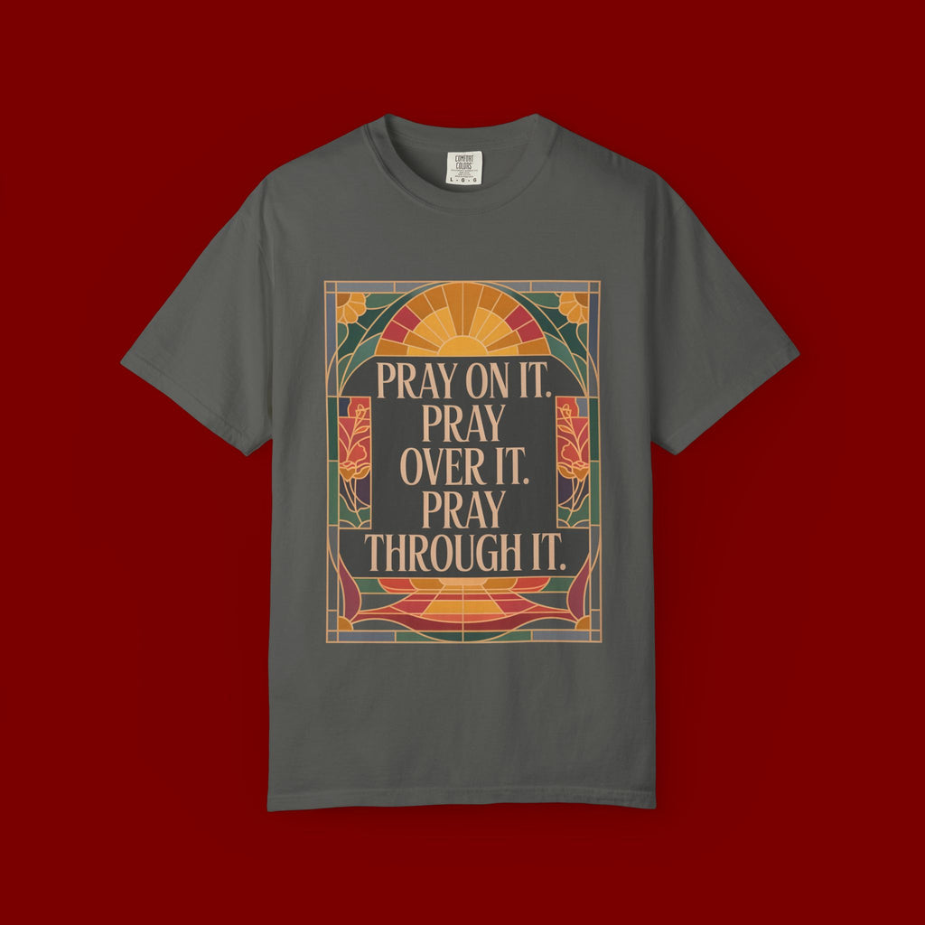T-Shirt — Retro Sunset Floral Graphic “Play On It, Pray Over It, Pray Through It”