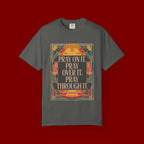 T-Shirt — Retro Sunset Floral Graphic “Play On It, Pray Over It, Pray Through It”