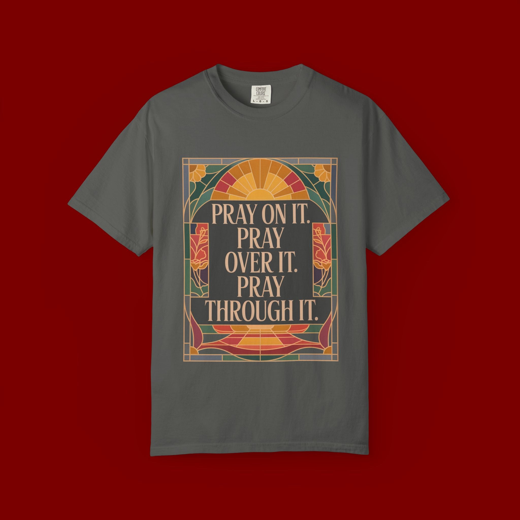 T-Shirt — Retro Sunset Floral Graphic “Play On It, Pray Over It, Pray Through It”