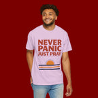 Never Panic Just Pray T‑Shirt — Retro Sunset Faith Tee