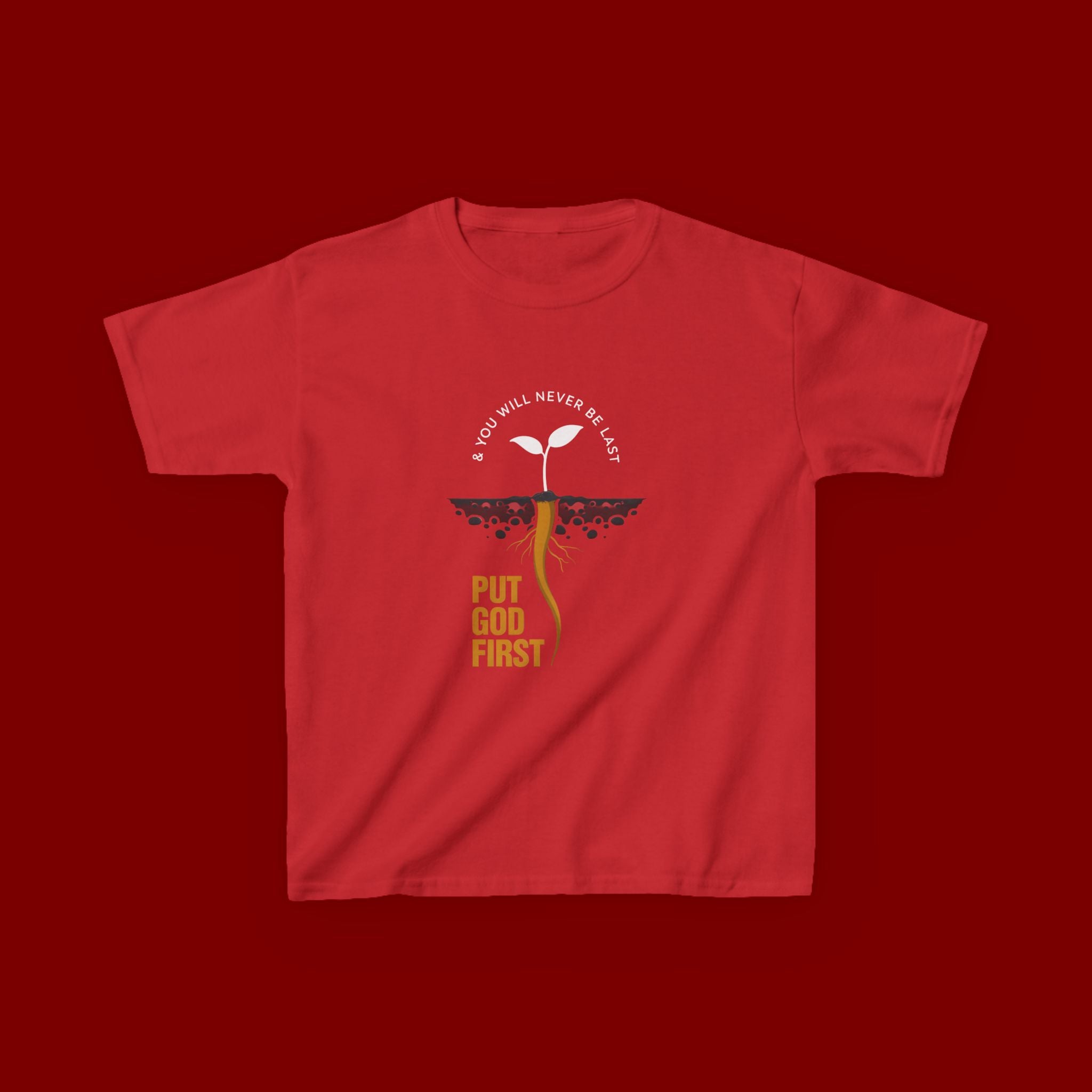 Kids T‑Shirt — 'Put God First' Religious Sprout Graphic Tee (Christian Youth)