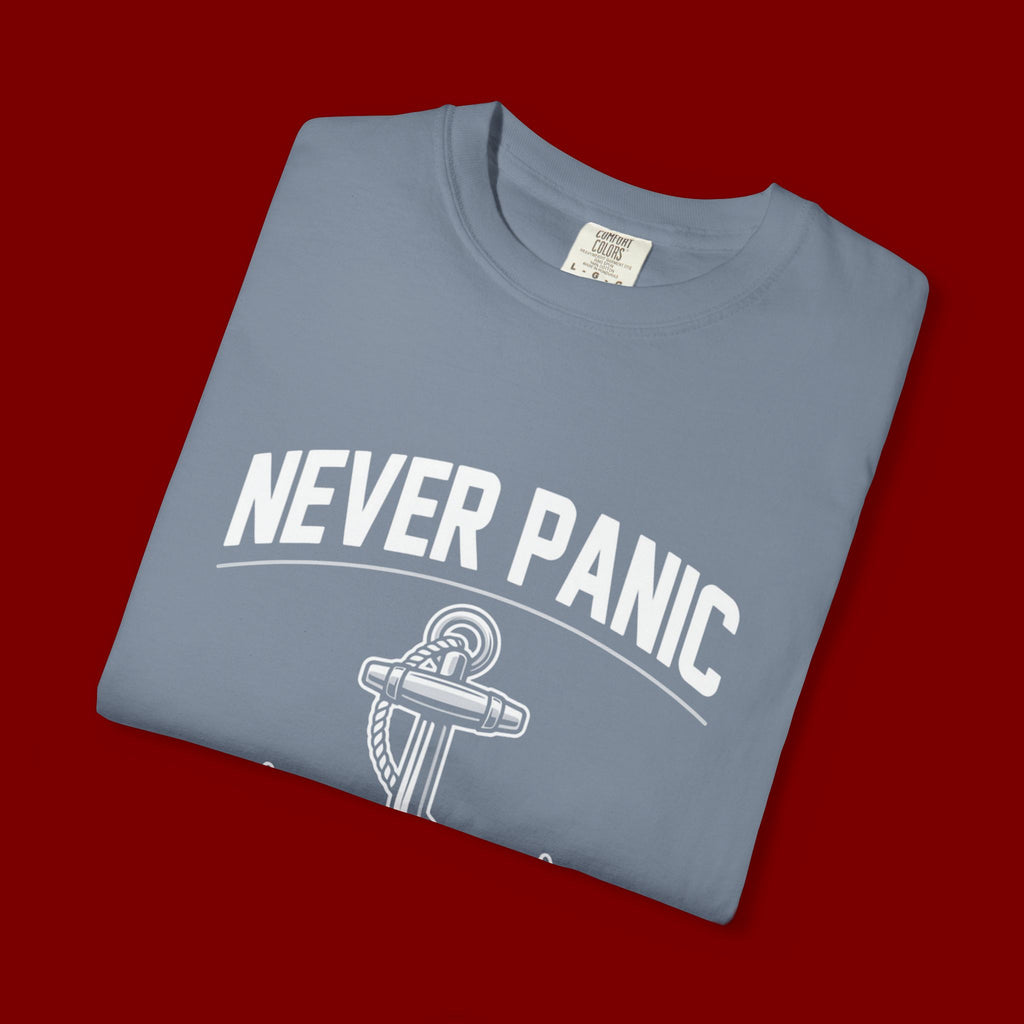 T-Shirt — "Never Panic Just Pray" Anchor Christian Faith Tee