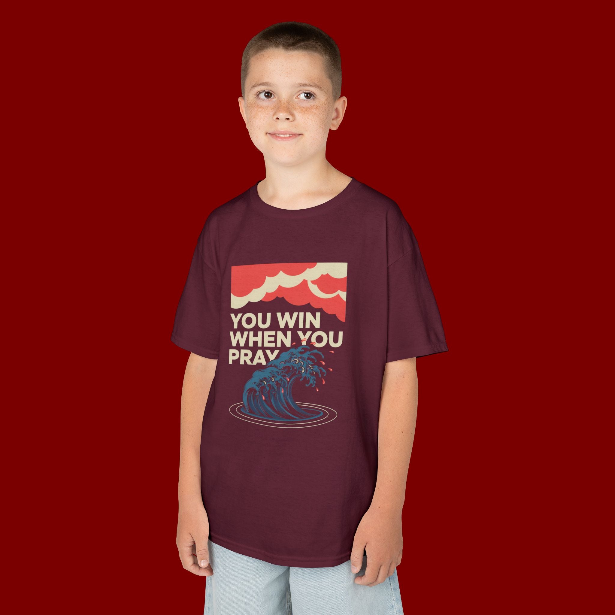 Kids Tee – “You Win When You Pray” Retro Wave Ocean Graphic