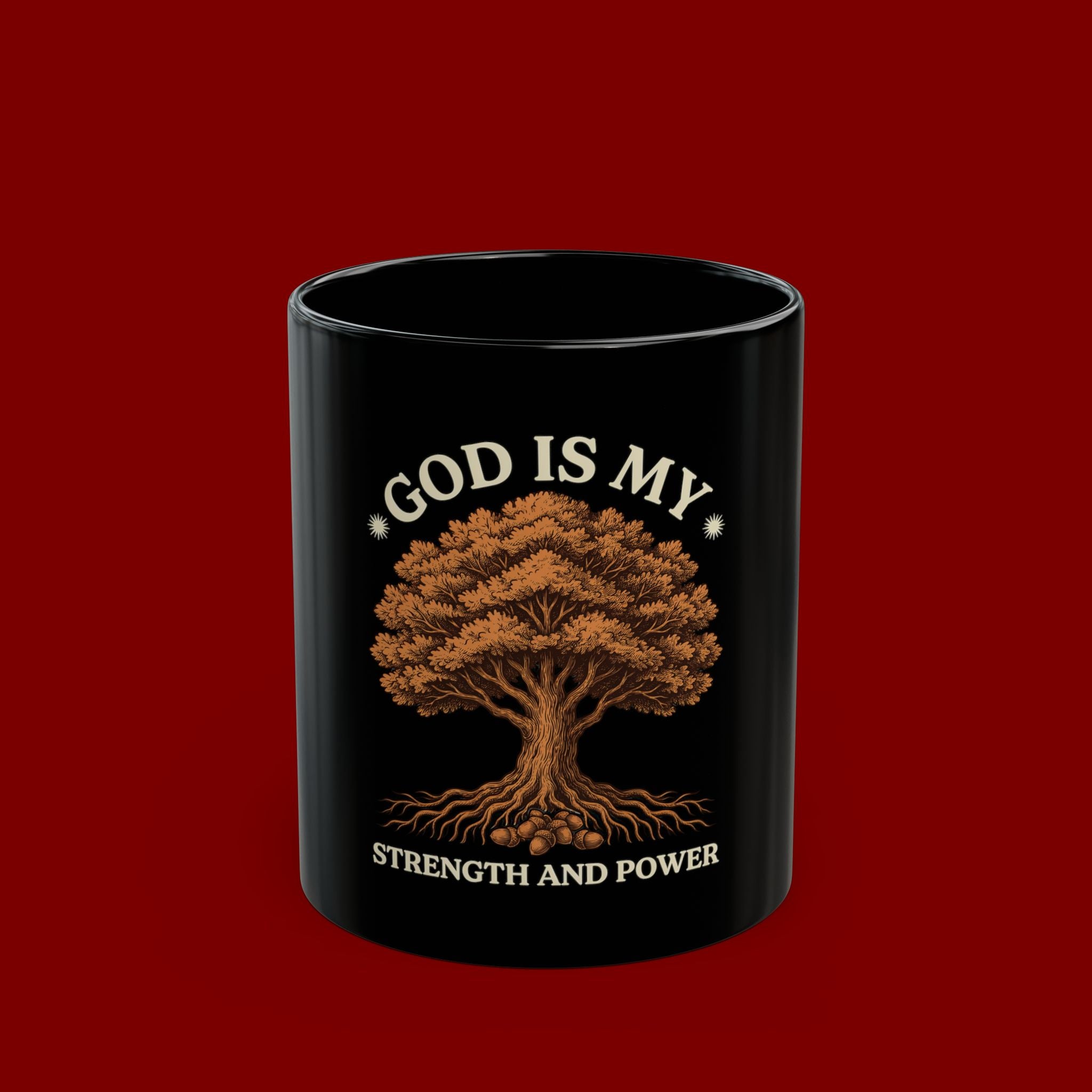 God Is My Strength and Power Black Mug — Faith Tree Coffee Cup (11oz/15oz)