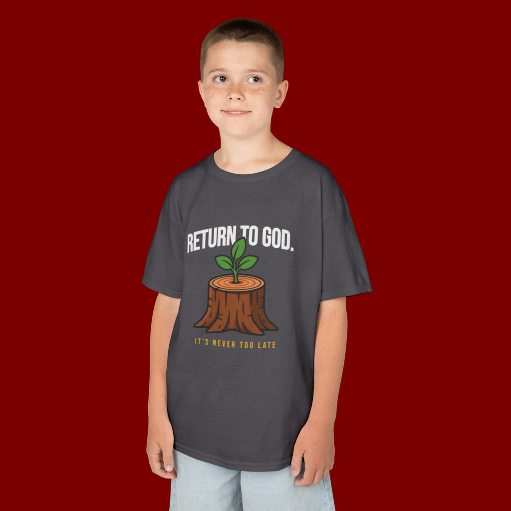Return to God Kids T-Shirt – Tree Stump with Sprout, “It’s Never Too Late” Inspirational Youth Tee