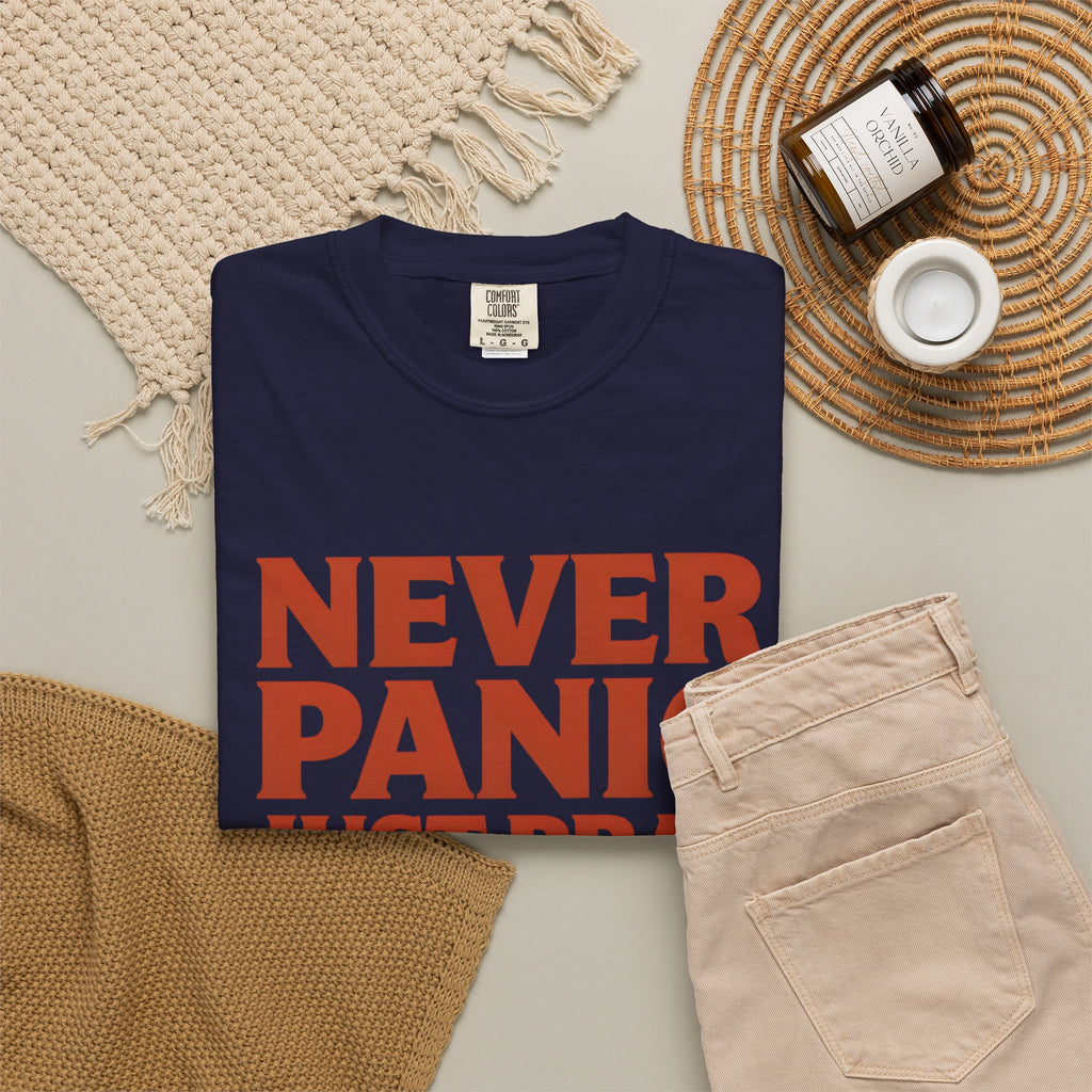 Never Panic Just Pray T‑Shirt — Retro Sunset Faith Tee