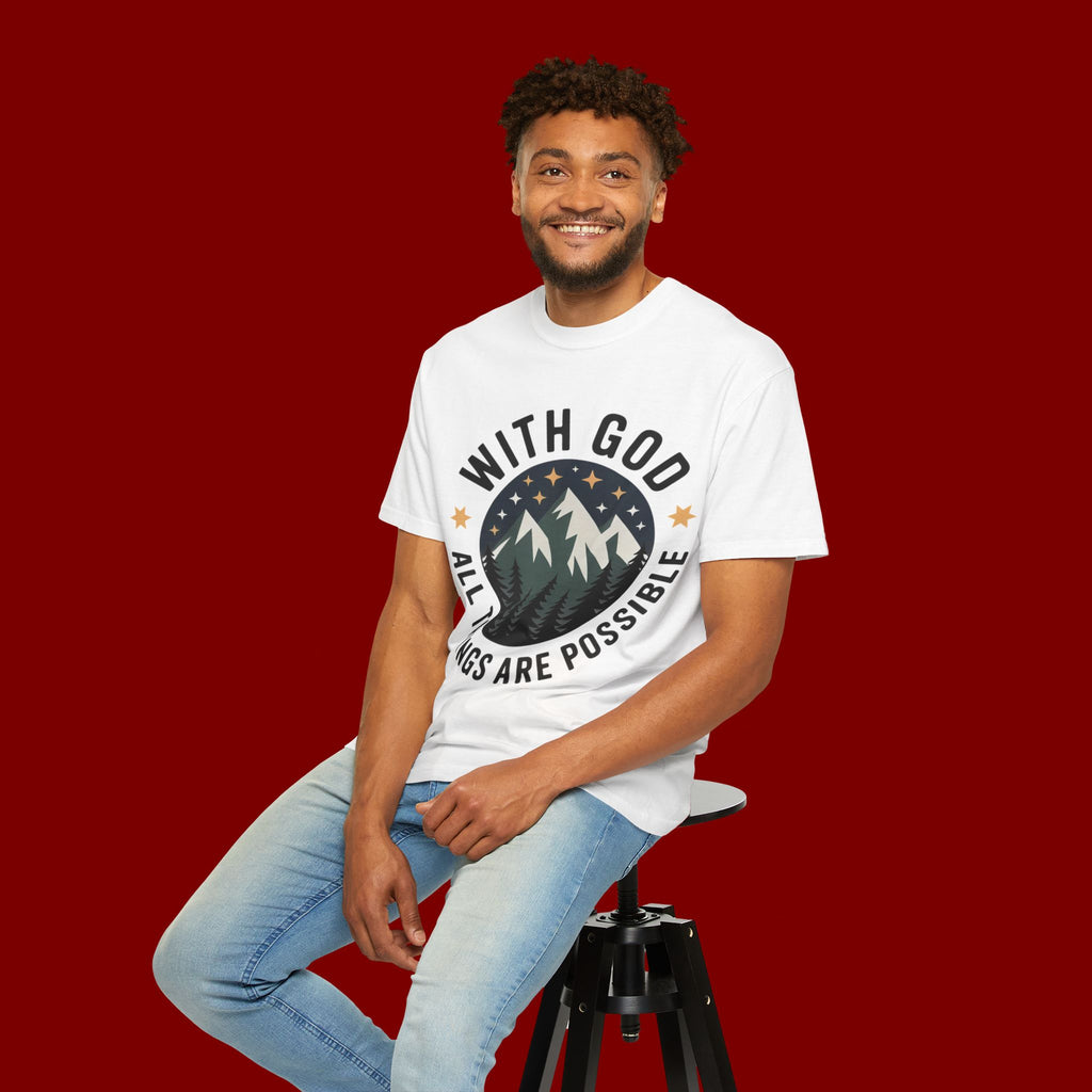 Faith-Based Mountain T-Shirt — "With God All Things Are Possible"