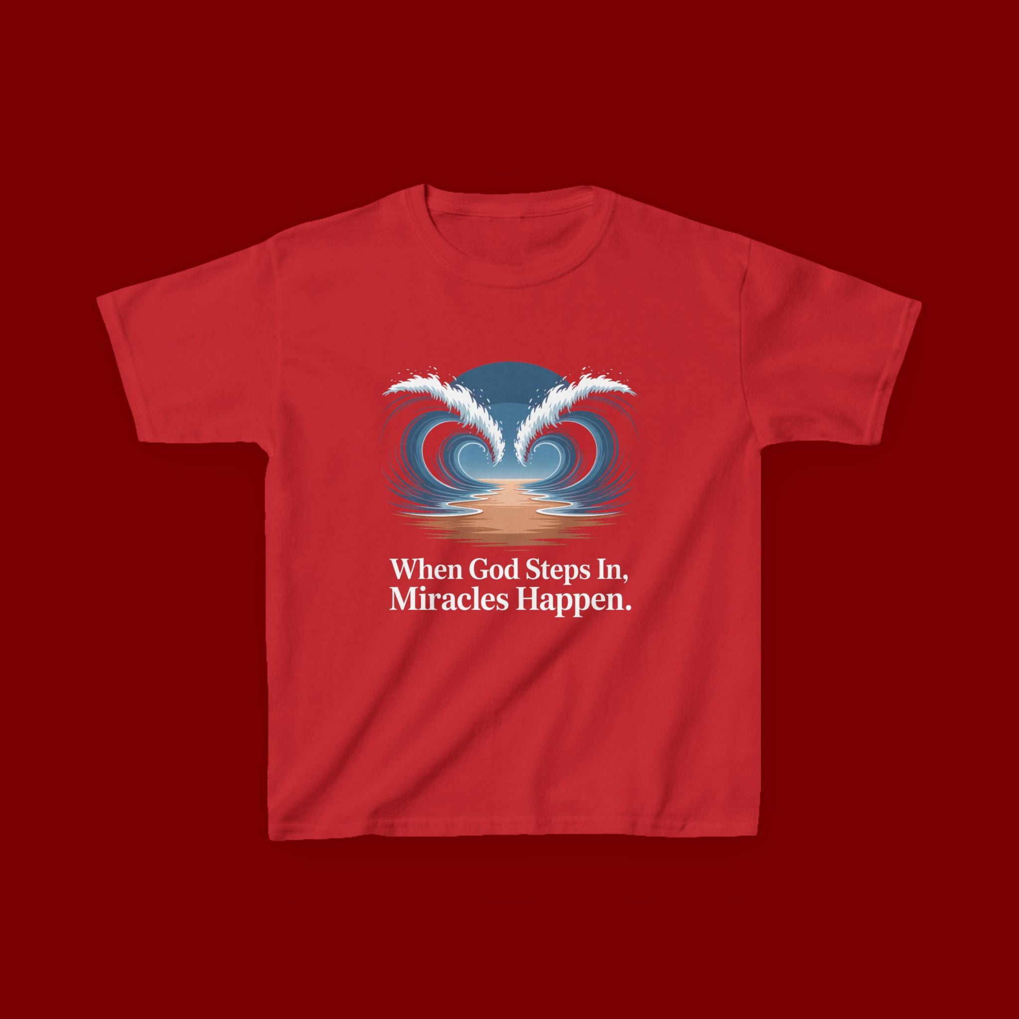 Kids Tee — “When God Steps In, Miracles Happen” Wave Heart Faith Shirt