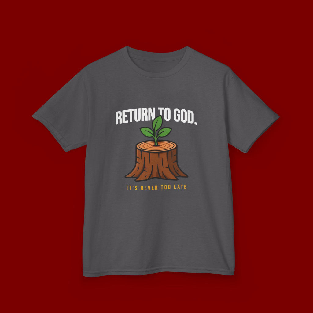 Return to God Kids T-Shirt – Tree Stump with Sprout, “It’s Never Too Late” Inspirational Youth Tee