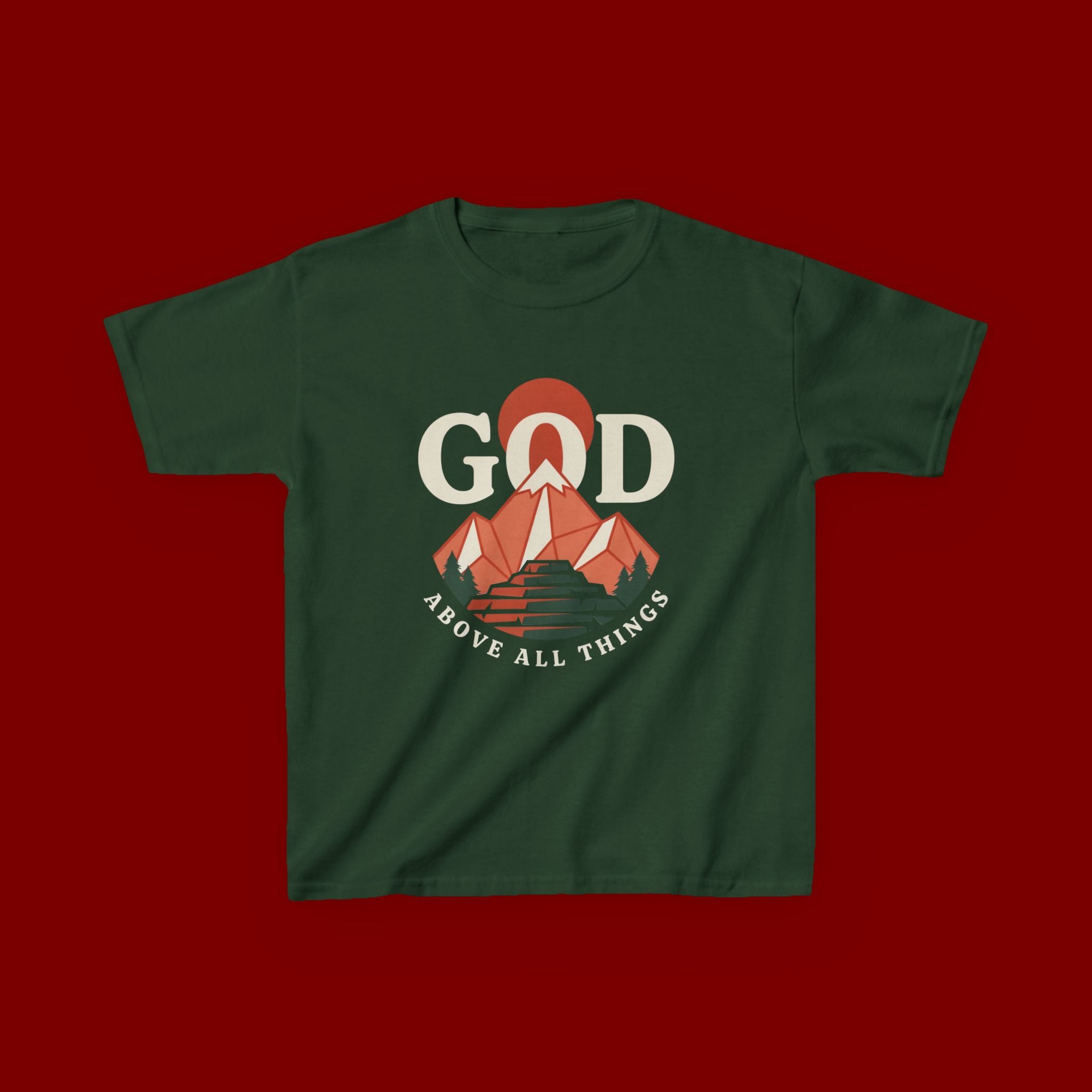 Kids Tee – 'GOD' Mountain Sunrise Faith Graphic