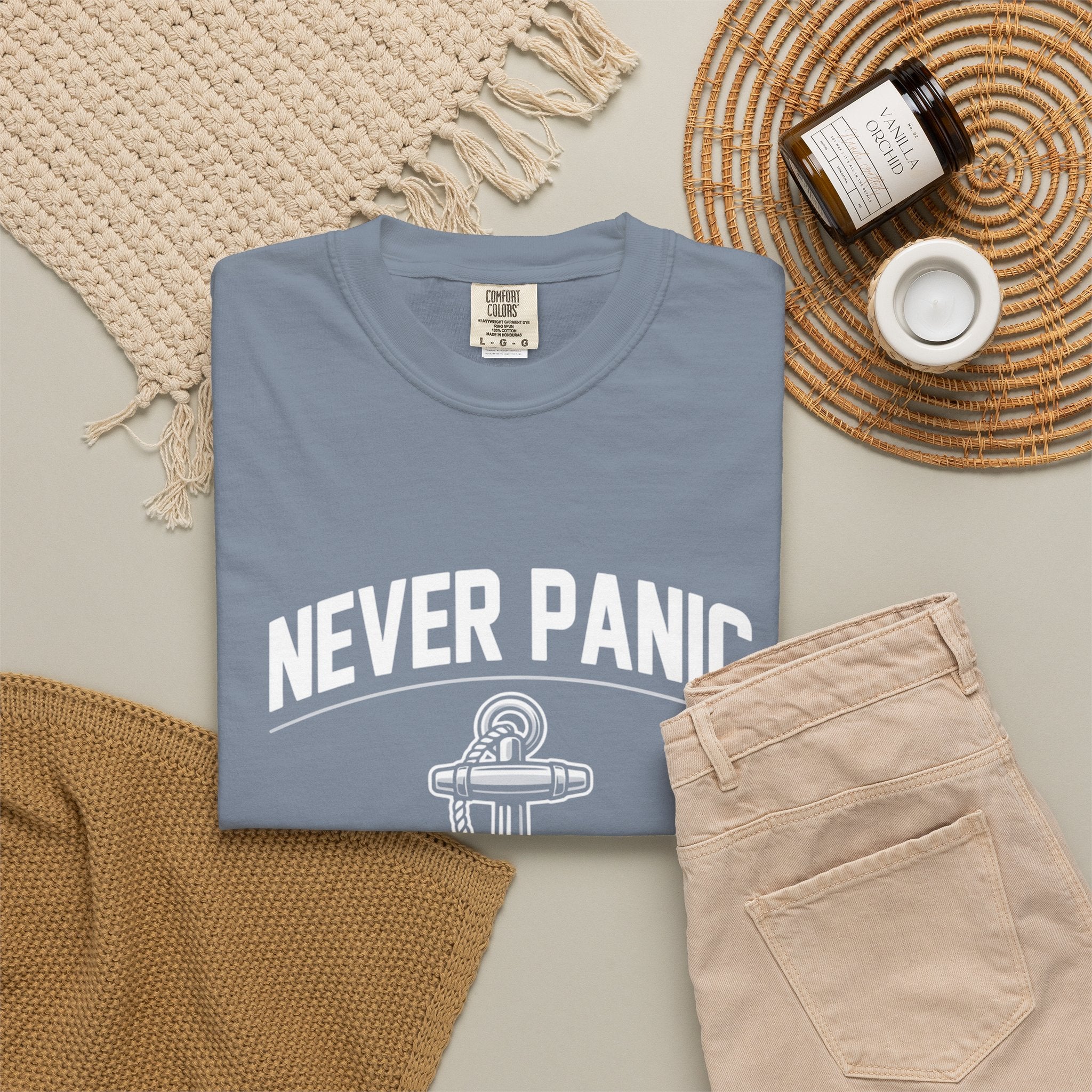 T-Shirt — "Never Panic Just Pray" Anchor Christian Faith Tee