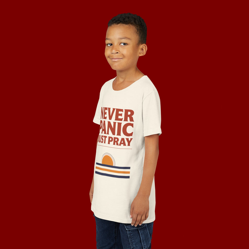 Youth Tee — "Never Panic Just Pray" Retro Sunset Kids T-Shirt