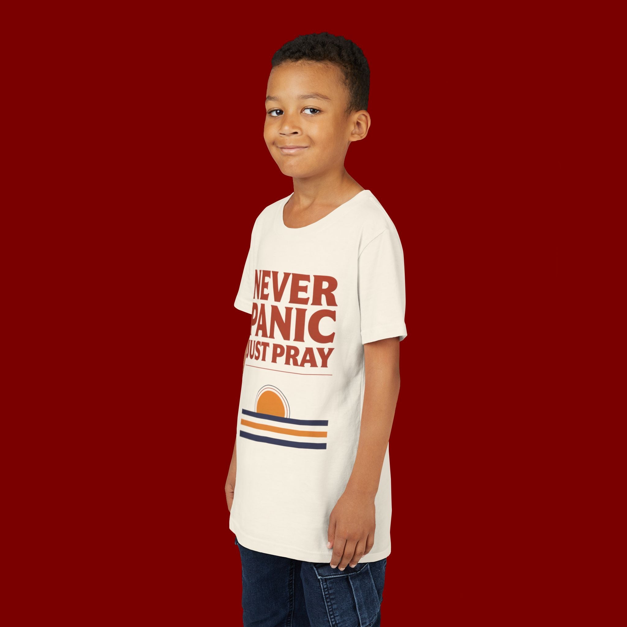 Youth Tee — "Never Panic Just Pray" Retro Sunset Kids T-Shirt
