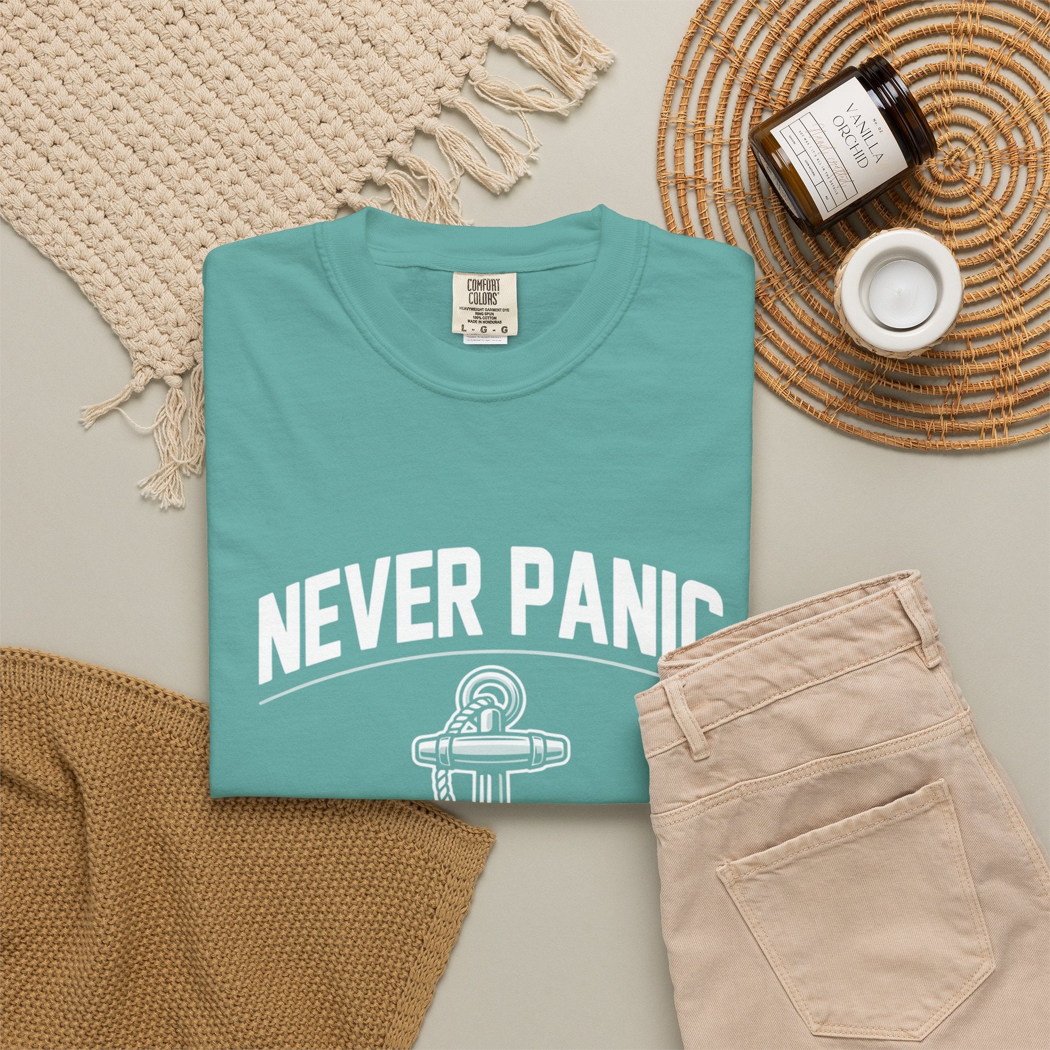 T-Shirt — "Never Panic Just Pray" Anchor Christian Faith Tee
