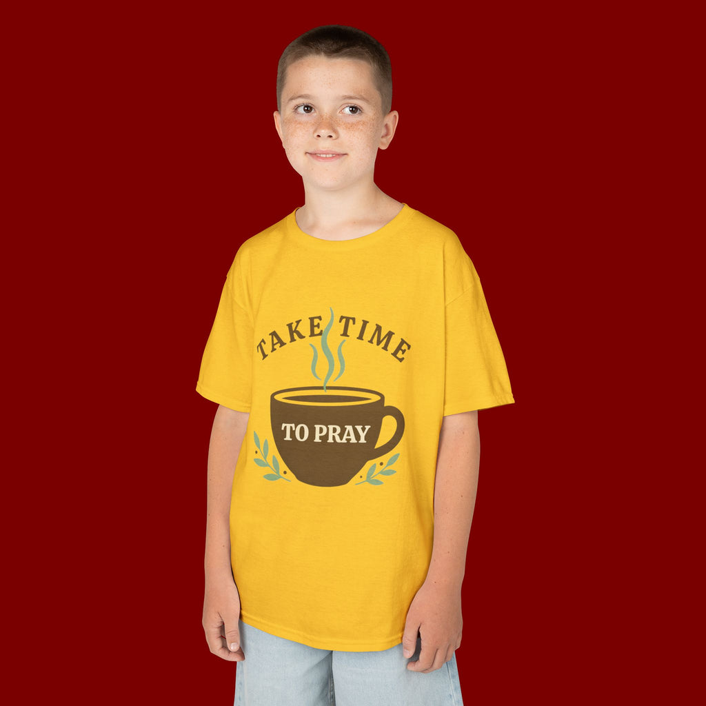 Kids Tee — "Take Time to Pray" Coffee Cup Faith Graphic