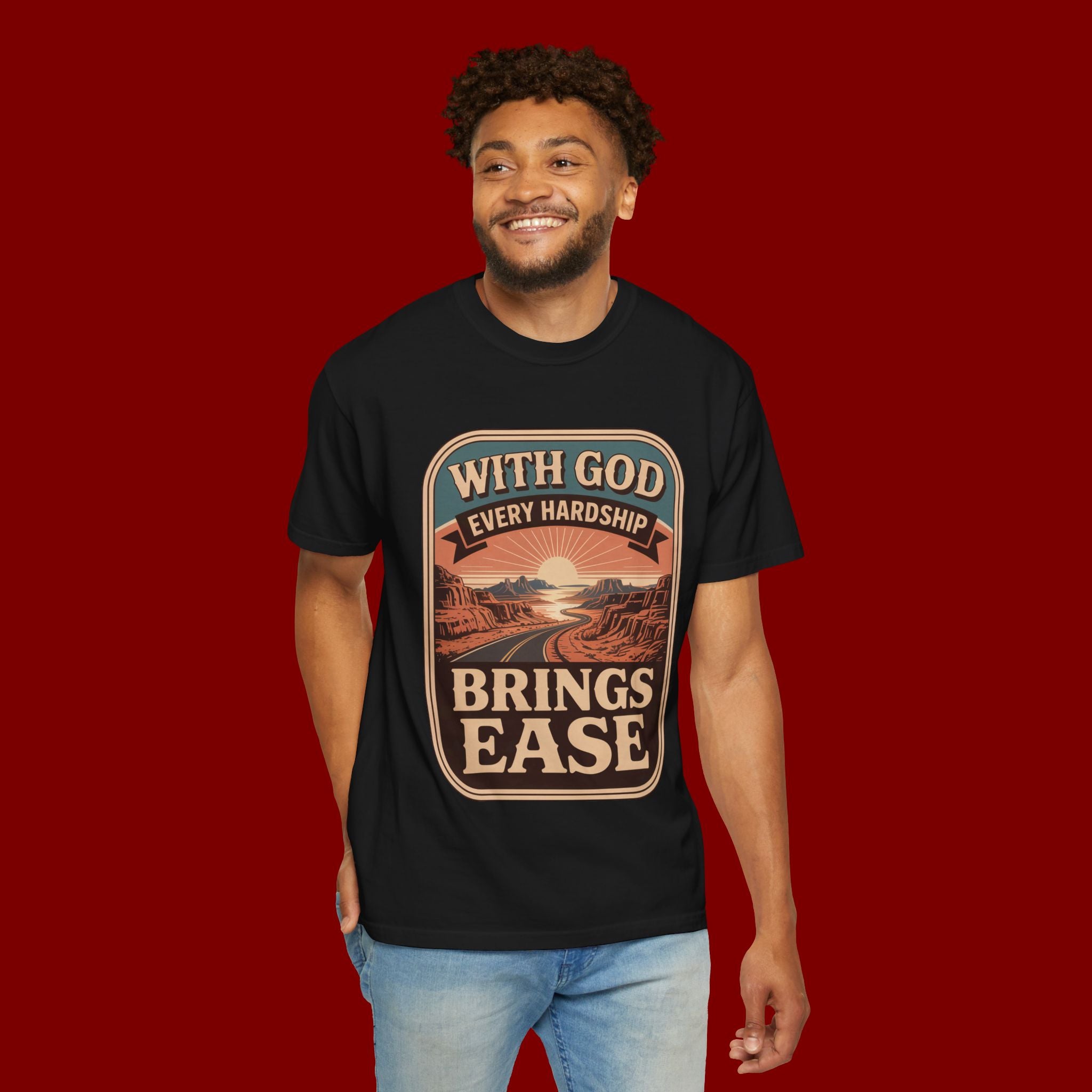 Scripture Comfort T-Shirt — "With God Every Hardship Brings Ease" Christian Faith Tee