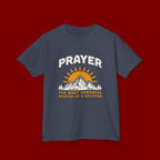 Kids Tee — "Prayer: The Most Powerful Weapon of a Believer" Mountain Sun Graphic