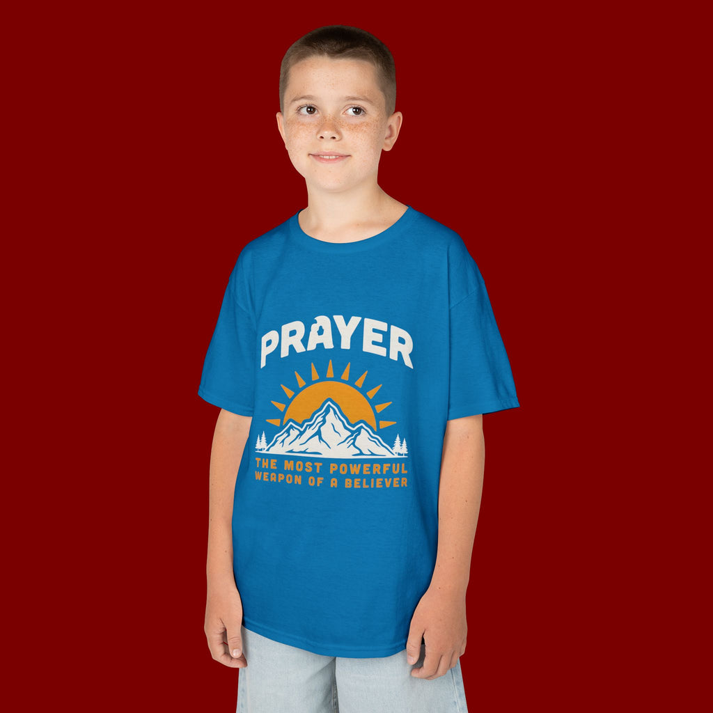 Kids Tee — "Prayer: The Most Powerful Weapon of a Believer" Mountain Sun Graphic