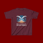 Kids Tee — “When God Steps In, Miracles Happen” Wave Heart Faith Shirt