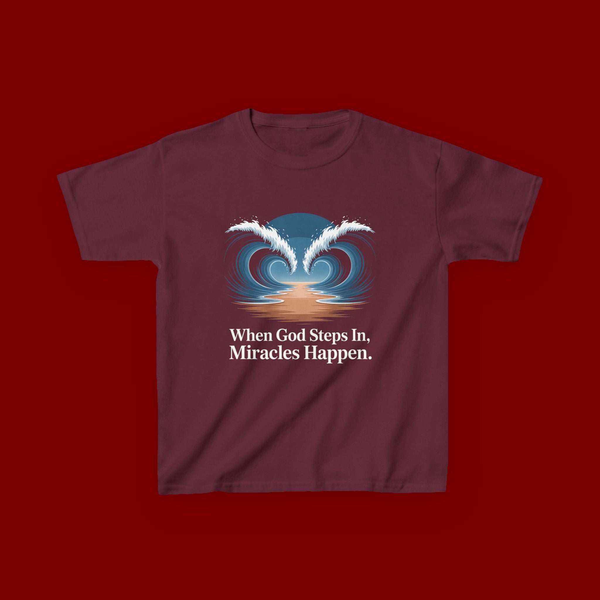 Kids Tee — “When God Steps In, Miracles Happen” Wave Heart Faith Shirt