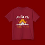 Kids Tee — "Prayer: The Most Powerful Weapon of a Believer" Mountain Sun Graphic