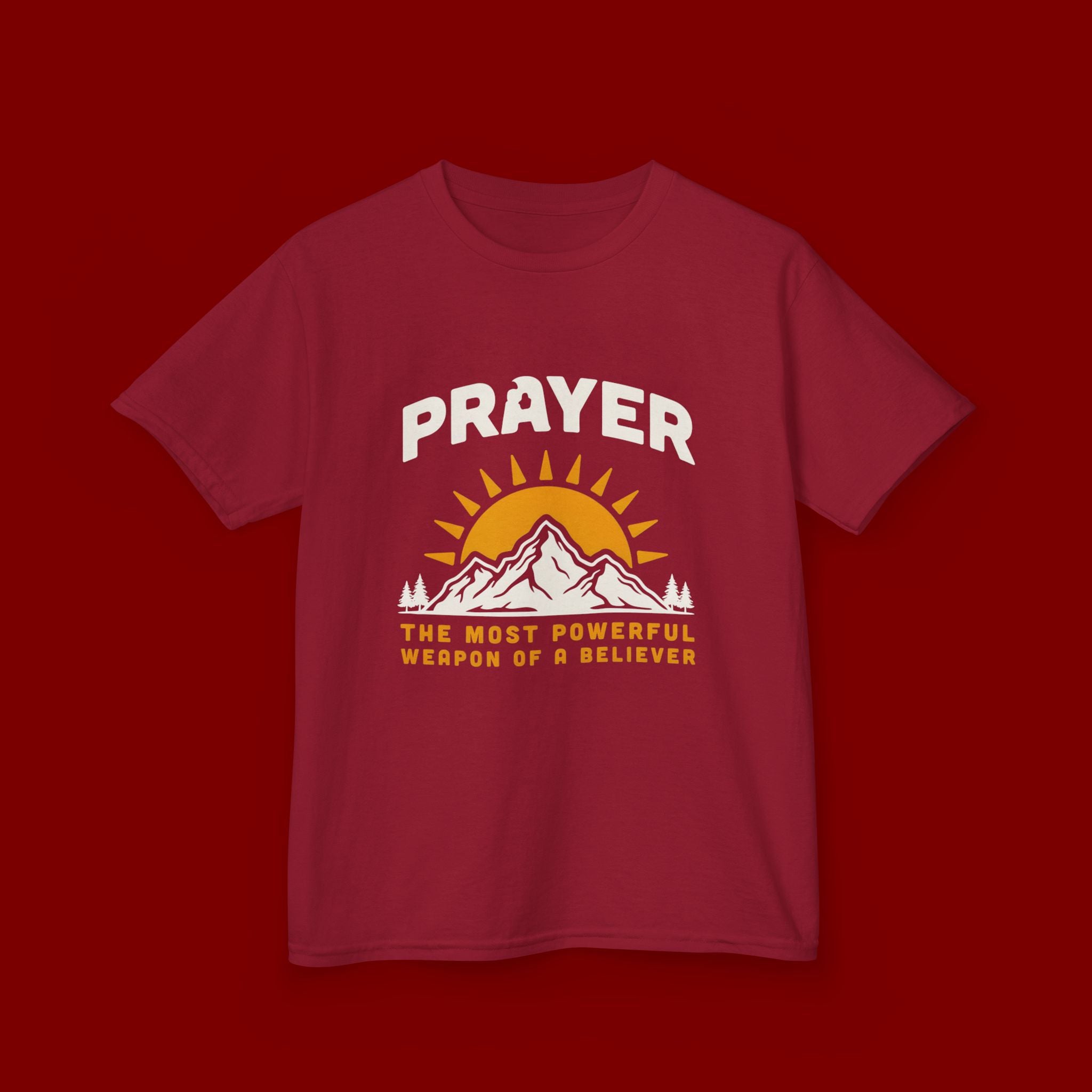 Kids Tee — "Prayer: The Most Powerful Weapon of a Believer" Mountain Sun Graphic
