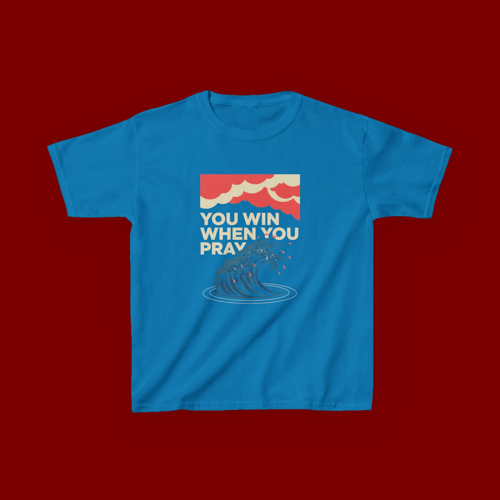 Kids Tee – “You Win When You Pray” Retro Wave Ocean Graphic