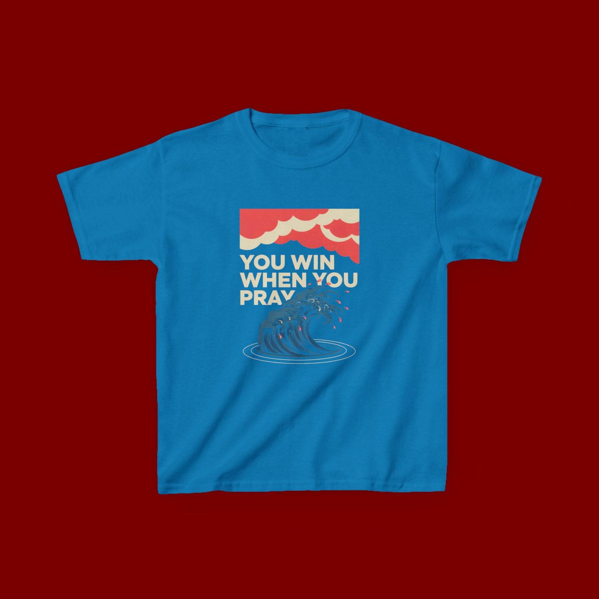 Kids Tee – “You Win When You Pray” Retro Wave Ocean Graphic