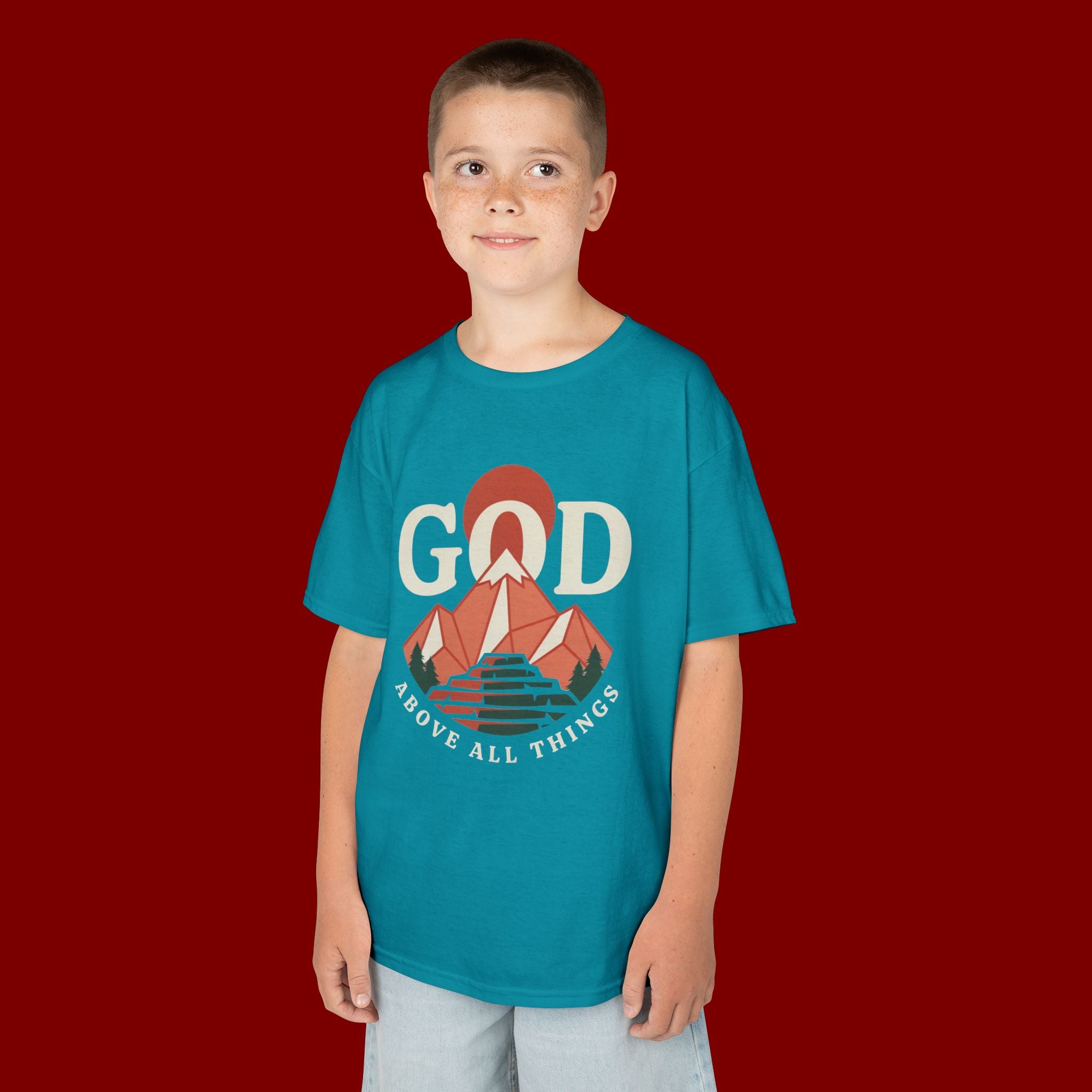 Kids Tee – 'GOD' Mountain Sunrise Faith Graphic