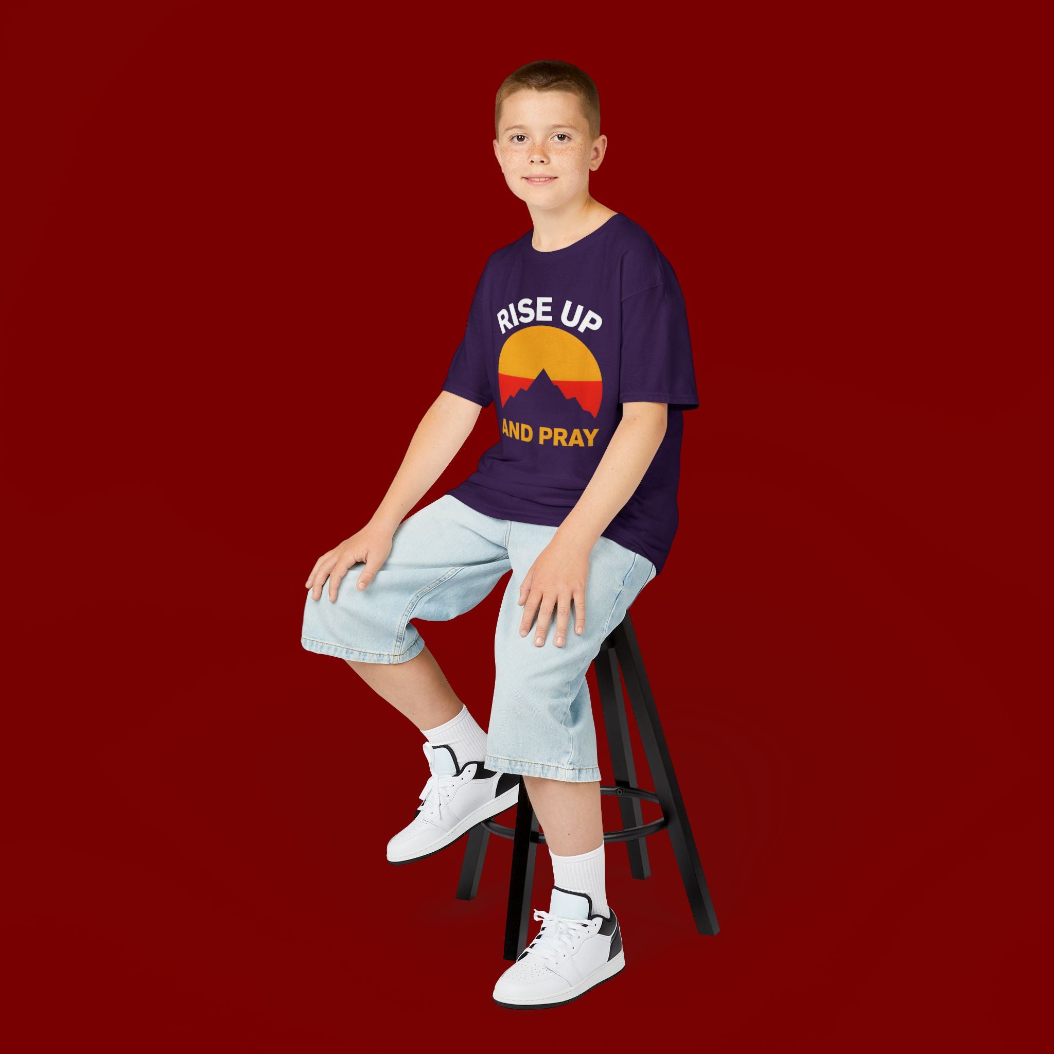 Kids Tee — "Rise Up and Pray" Mountain Sunrise Faith T‑Shirt