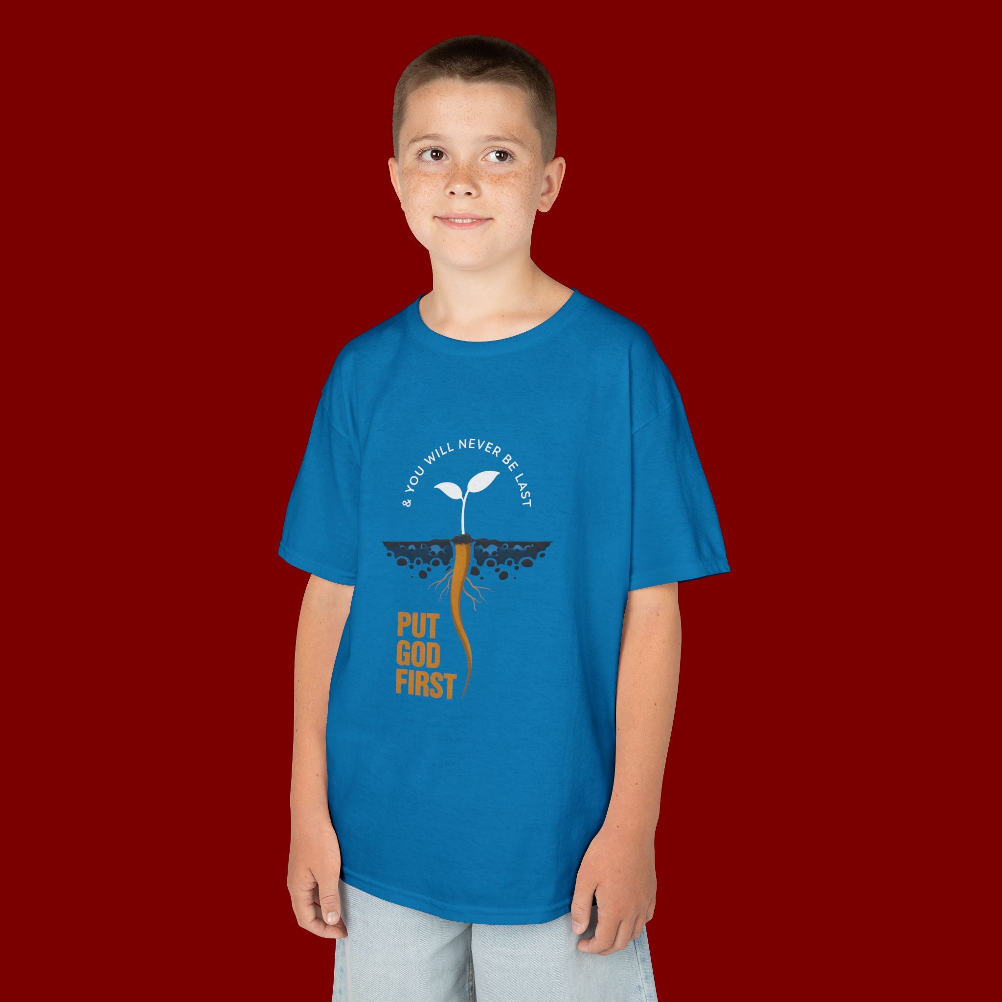 Kids T‑Shirt — 'Put God First' Religious Sprout Graphic Tee (Christian Youth)