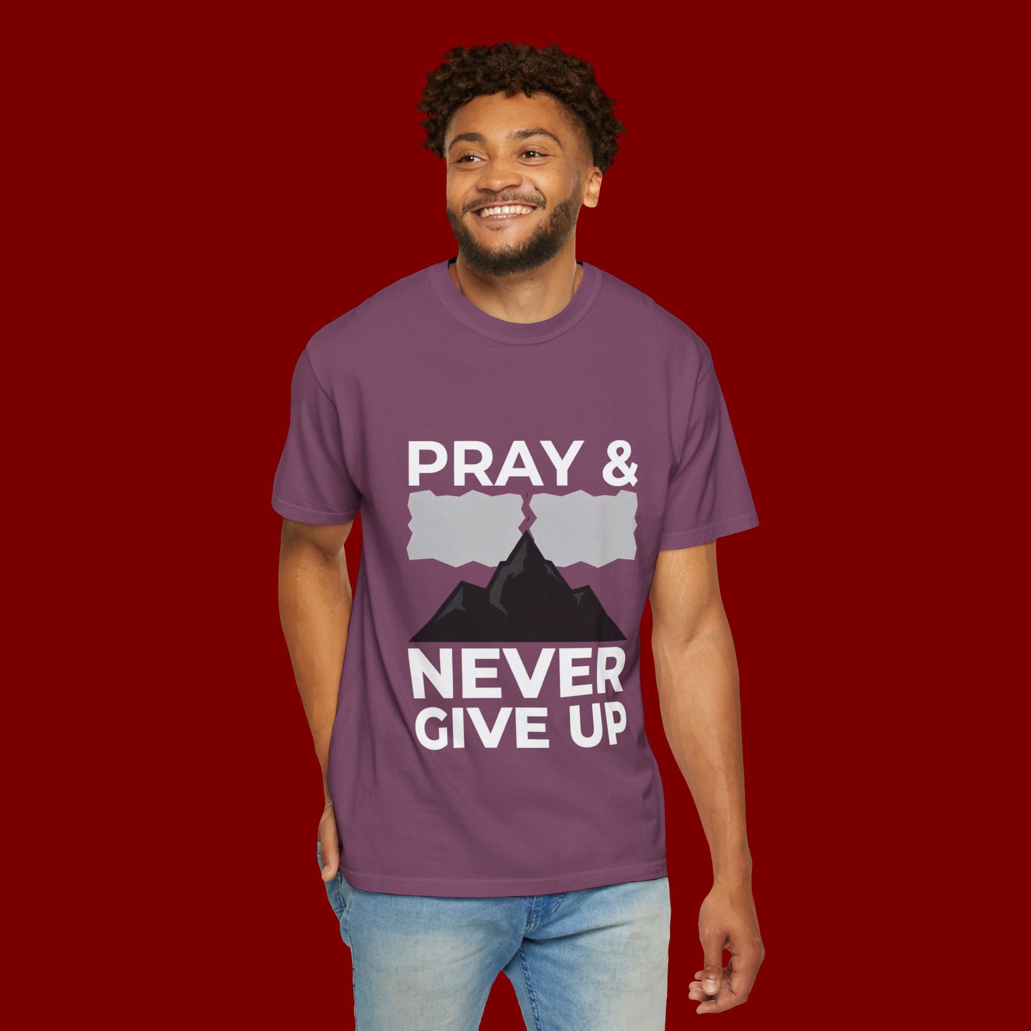 Pray & Never Give Up T-Shirt — Inspirational Christian Mountain Tee