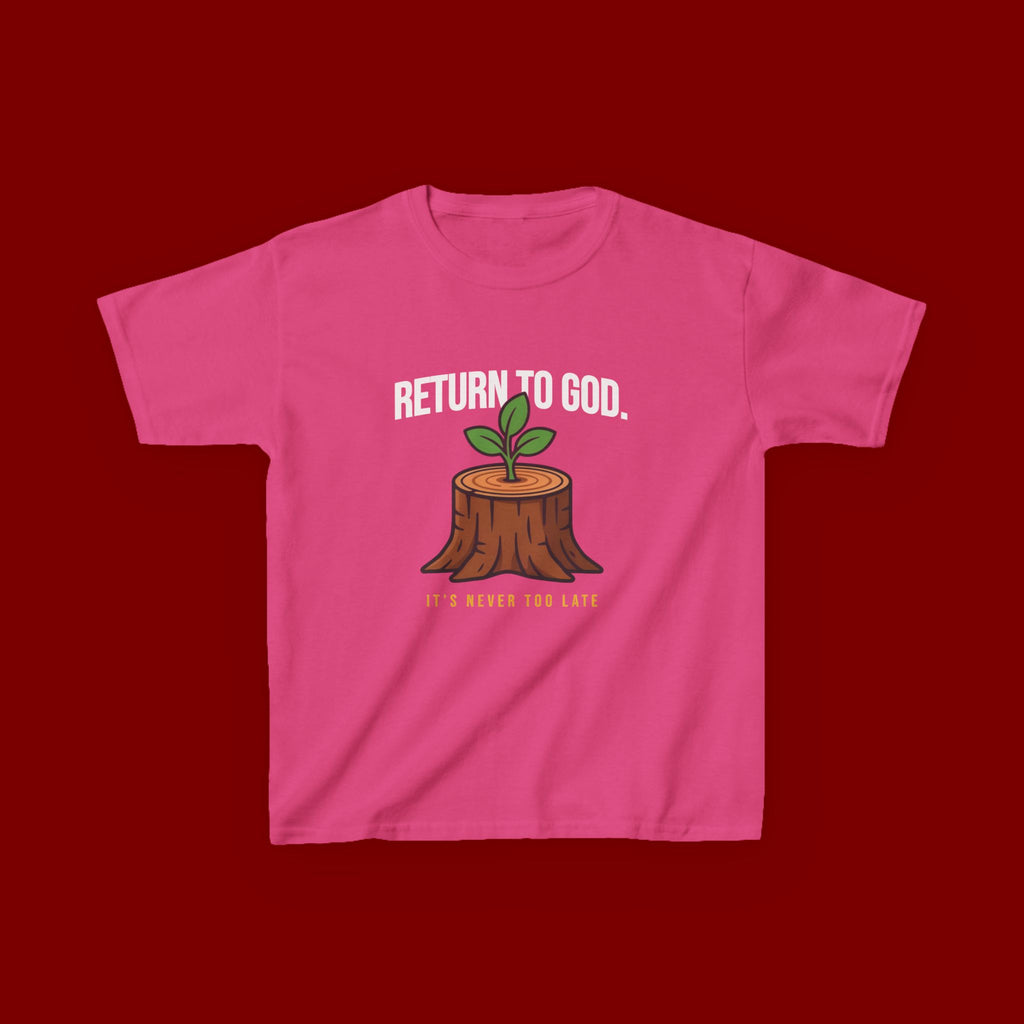 Return to God Kids T-Shirt – Tree Stump with Sprout, “It’s Never Too Late” Inspirational Youth Tee