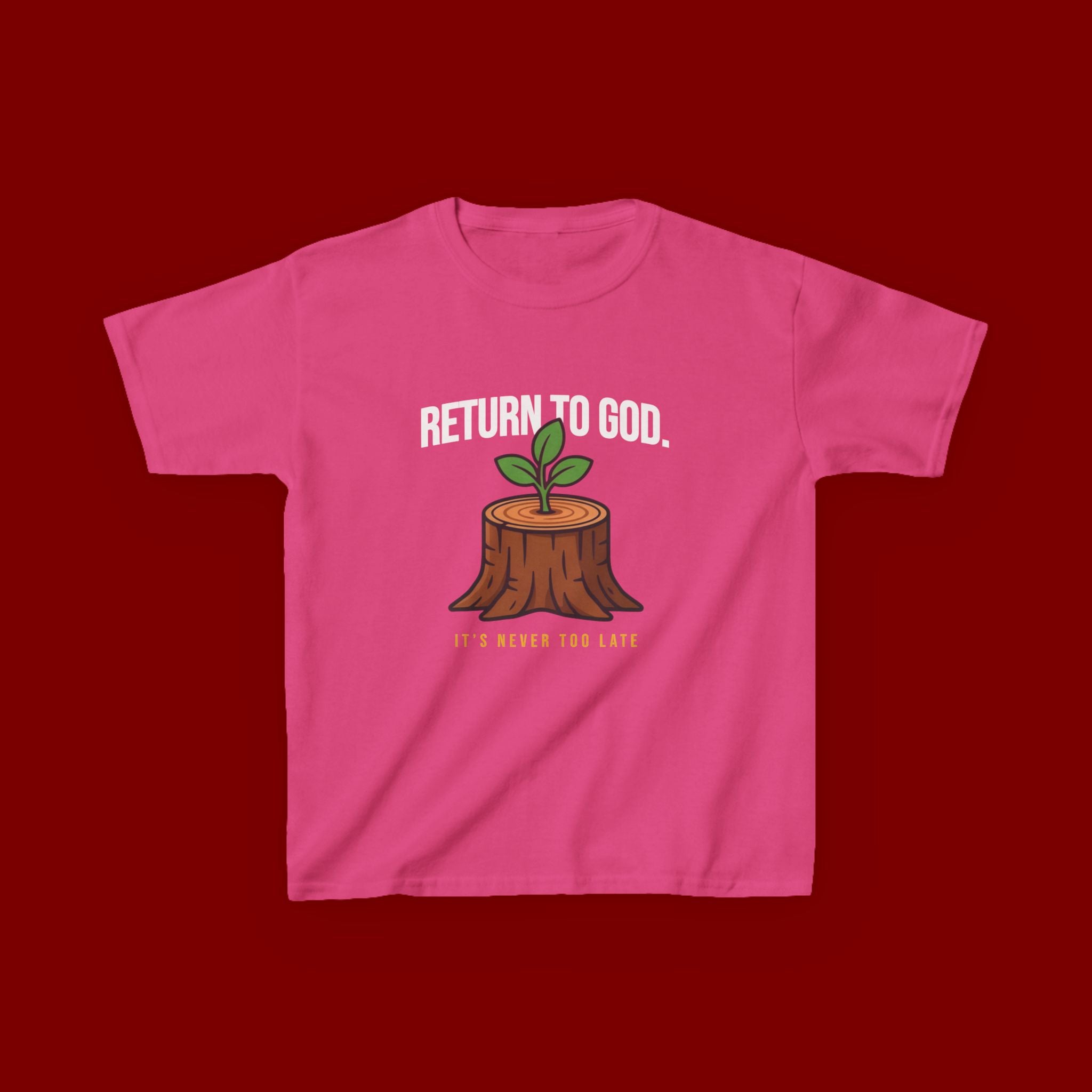 Return to God Kids T-Shirt – Tree Stump with Sprout, “It’s Never Too Late” Inspirational Youth Tee