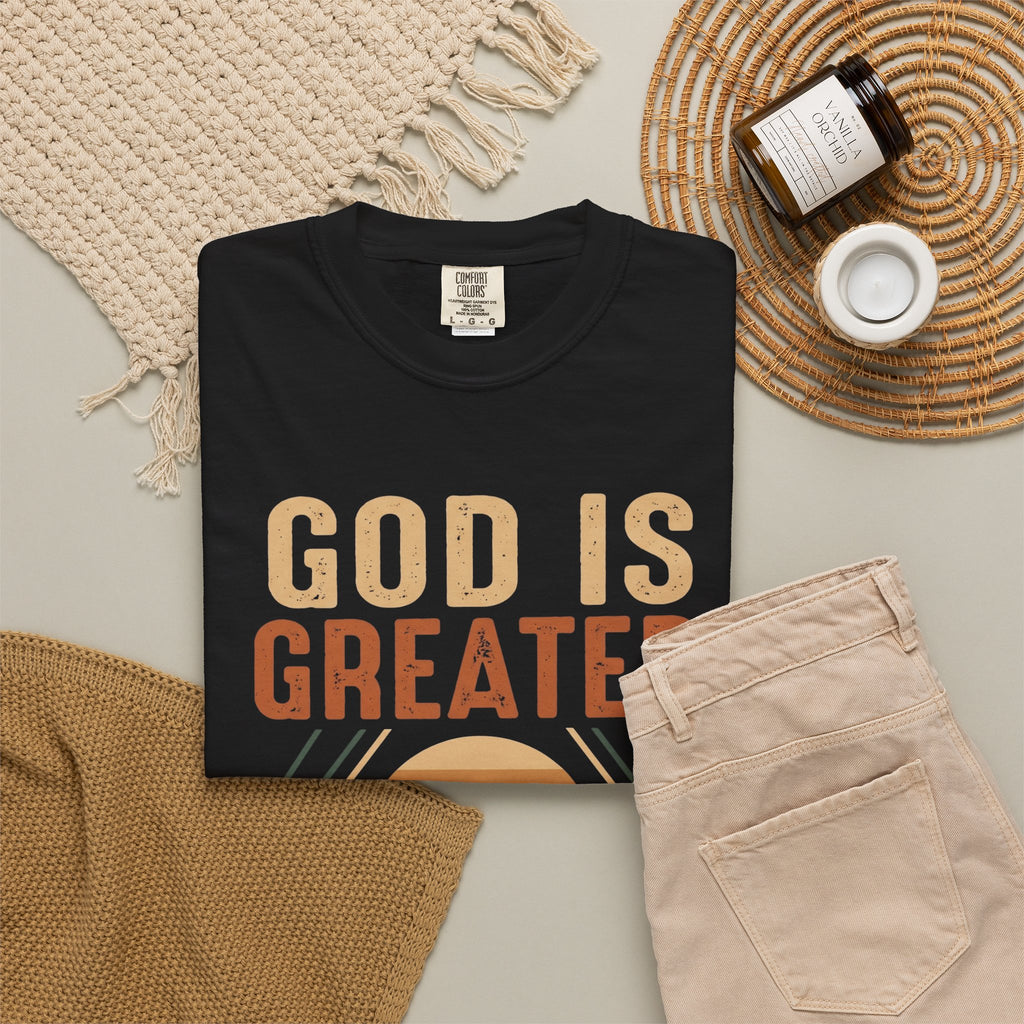 God Is Greater Mountain T-Shirt — Christian Faith Graphic Tee